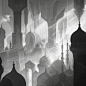 simple layered two-tone greyscale, scene from Aladdin, simple fractal