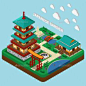 Isometric house composition with images of traditional japanese style tower buildings and garden territory with text vector illustration