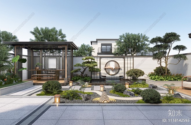 新中式别墅庭院景观3D模型下载【ID:1...