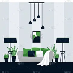 绘画插图,起居室,极简构图,公寓,舒服,室内,生活方式,矢量,扁平化设计,概念