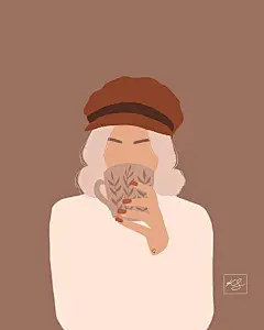 手绘插画黑色短发复古女生无脸时尚唯美自拍帽子学生少女卡其色小西装