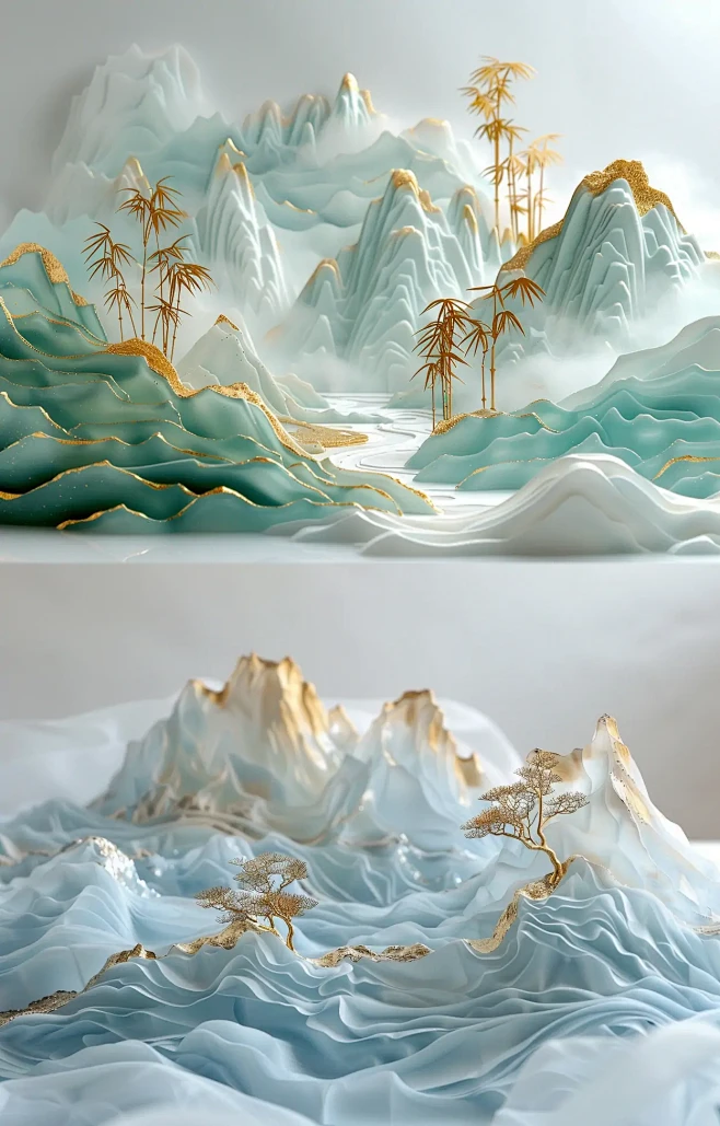中国风3D立体烫金自然山水半透明树脂波浪...