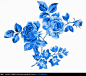 蓝色工笔画—蓝色花朵和盛开的牡丹花psd素材