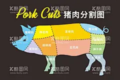 猪肉分割图  - 源文件下载【酷图网】猪肉分割图,猪肉,分割,猪头肉,里脊肉,五花肉,后腿肉,