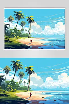 AI数字艺术扁平风夏季海边旅行人物插画-众图网