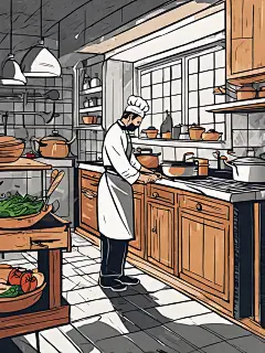 扁平手绘厨师在厨房烹饪插图AI数字艺术