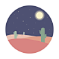 Flat cartoon night desert landscape with cactus silhouette in circle. Background vector illustration.