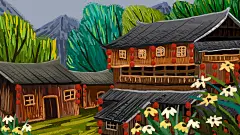 湘西风景少数民族风俗村庄大山手绘背景插画