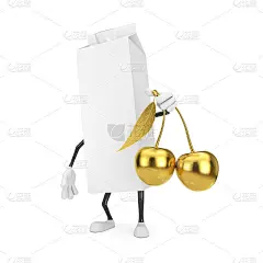 空白牛奶或果汁纸盒卡通人物吉祥物人与新鲜的金色樱桃水果与树叶在手。三维渲染