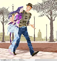 手绘水彩插画情侣人物-巴黎时尚街头搂着漂亮美女的帅哥