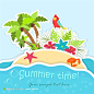 夏日沙滩大海椰树鲜花鹦鹉清新插画