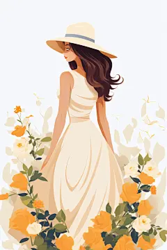 鲜花女生扁平风水果女孩人像插画