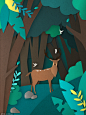 剪纸树林创意麋鹿插图插画PSD设计素材