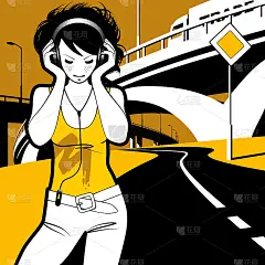 一个年轻的女孩戴着耳机在交通交汇处听音乐