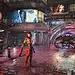 在未来主义的赛博朋克城市里，女性半机械人晚上拿着枪。3 d演示。