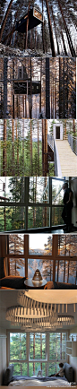 这是Cyrén & Cyrén 设计的美丽树屋“The Cabin”，位于瑞典北部，是“Treehotel”旅馆的七间房间之一。树屋离地面非常高，通过行人天桥才能达到甲板。凌空的设计提供了旅者惊人的景观。