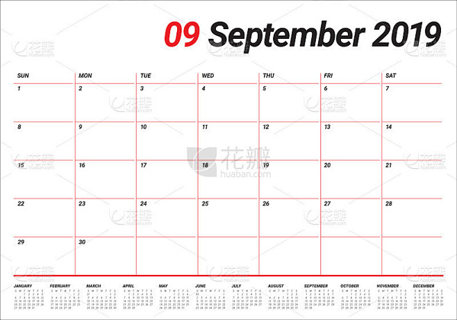 2019年9月台历矢量插图