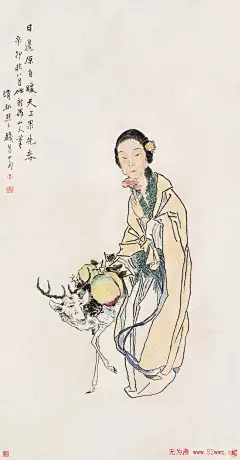 钱慧安——《瑶姬献寿》欣赏   |   
钱慧安(1833-1911，初名贵昌,字吉生，号清溪樵子、退一老人，又号双管楼主。少时从民间画师学写真，早岁摹仇英、唐寅、陈洪绶，继学费丹旭、改琦、上官周等，更心追手摹《晚笑堂画传》，融会诸家之法。为&quot;豫园书画善会&quot;首任会长，海派代表性画家之一。