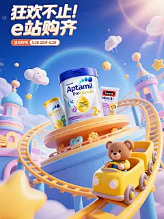 618狂欢节母婴营养促销海报，中心突出Aptamil Profutura 2+奶粉，环绕a2 Platinum、Swisse MEGA B+产品，产品分别在过山车轨道式陈列台上位于画面中心位置，放大，有主次之分；产品尺寸占比80%，商业海报拍摄手法，超近距离拍摄产品，产品交错悬浮，拍摄产品角度为低角度仰视拍摄，产品摆放方式符合电商设计海报需求，黄金分割构图+前景虚化+引导线纵深，3d立体效果，3D卡通插画风格，梦幻未来童话城背景（悬浮建筑、云朵星星），搭建过山车轨道式陈列台；前景Q版孩童坐从远处延伸小熊坐