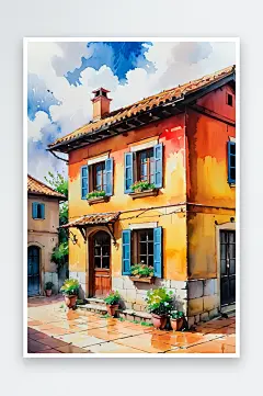 手绘油画老房子四合院插画-众图网