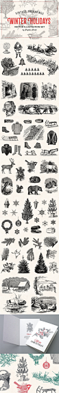 欧美19世纪复古冬季假期圣诞节手绘插图素材