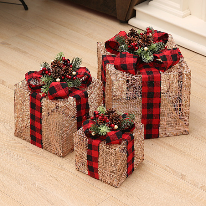 圣诞装饰品圣诞树堆头发光铁艺礼盒三件套商...