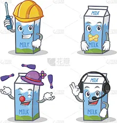 一套牛奶盒性格与汽车无声杂耍耳机矢量插图