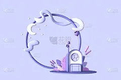 抽象的卡通概念小房子在柔和的颜色在灰色的植物背景下，星空和月亮。三维演示