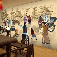 手绘山西特色美食刀削面火锅大型壁画餐厅小吃店客栈自粘壁纸墙纸-淘宝网