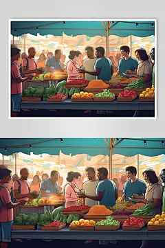 AI数字艺术菜市场生鲜蔬菜市场线条插画-众图网