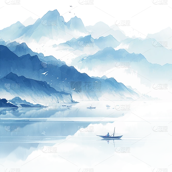 中国风通用蓝色水墨山水组合元素素材素材-花瓣网