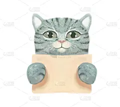 可爱的蓝色条纹卡通猫与旗帜，海报海报在爪子，与文字的地方