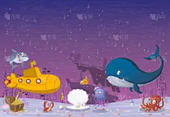 动画片水下世界与珊瑚, 鱼和海洋生物.