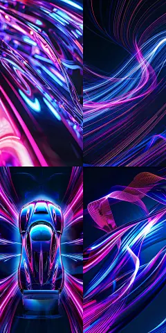 曲线蓝粉、紫色线条的灯光效果，汇聚成跑车造型 紫色光线 汽车 深色 壁纸