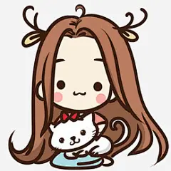 手绘抱白猫长发女孩