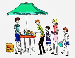 排队领食物免抠素材_新图网 https://ixintu.com 手绘 排队 插画 绘画 遮阳伞
