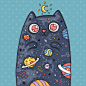 Cartoon cute cat with the universe inside. cartoon illustration in comic trendy style. Premium Vector