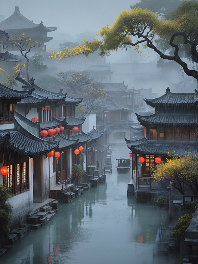 油画水墨风,烟雨江南,水墨江南，古风建筑