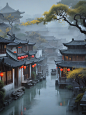 油画水墨风,烟雨江南,水墨江南，古风建筑
