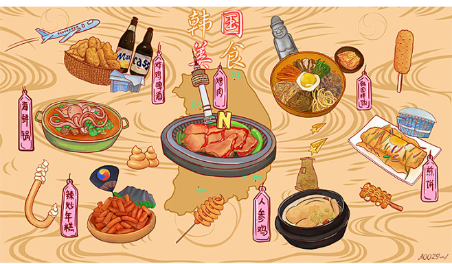 手绘卡通韩式美食墙纸餐厅饭店小吃料理店拉面火锅店烤肉店壁纸淘宝网