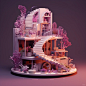 a model of a dollhouse has stairs and some windows, in the style of kawaii aesthetic, innovative page design, intricate floral arrangements, rendered in cinema4d, the stars art group (xing xing) --v 5.1