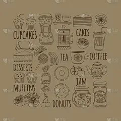 一套咖啡、茶和食物图标的涂鸦风格