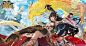 aliasing black_hair building city clouds dragon fajyobore323 headdress logo long_hair orange_eyes rin_(seven_knights) seven_knights sky thighhighs