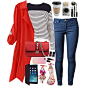 A fashion look from July 2014 featuring striped sweater, red jacket und blue denim jeans. Browse and shop related looks.