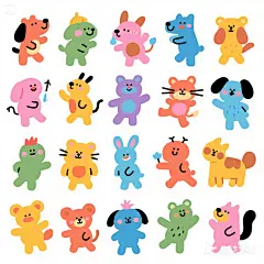 jimeng-2025-05-06-982-可爱卡通彩色手绘简笔画，各种动作的小动物合集，搞怪小表情，用色鲜艳，完整，