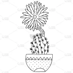 黑白相间的仙人掌，花开在花盆里。盛开的仙人掌分离的植物涂鸦，用于着色页。B.病媒.