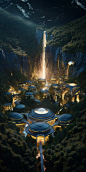 aerial side groung view of ultra fine cinematic photography of futuristic utopian biophilic eco mansion design by Zoha Hadid in a magical enchanted dream lush pine forest garden by Artstation, Altered Carbon, waterfalls, streams, pools of golden glowing b