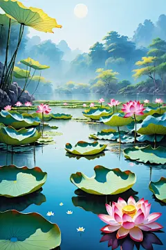 荷花暑假盛开夏日荷花荷叶插画图片