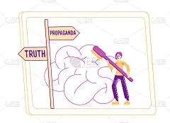 洗脑，大众媒体宣传和操纵的概念。电视屏幕上的男主角用牙刷清洗巨大的人脑。虚假信息,制造。线性向量插图