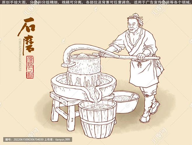 古代石磨线描插画-花瓣网